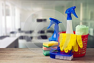 Office cleaning service concept with supplies