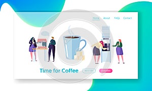 Office Coffee Break Time Landing Page Banner. Business People Character have Lunch. Employees Talking, Resting