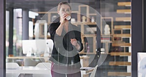 Office coffee cup, thinking and professional woman, management or boss contemplate work, decision or choice. Glass