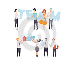 Office Colleague Working Together Solving Jigsaw Puzzle Vector Set