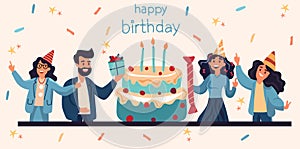 Office colleagues are celebrating a birthday. Dancing and confetti add flair, as office coworkers come together to revel