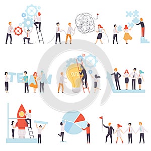 Office Colleagues Working Together Set, Business Team, Teamwork, Cooperation, Partnership Vector Illustration
