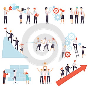 Office Colleagues Working Together Set, Successful Business Team, Teamwork, Cooperation, Partnership Vector Illustration