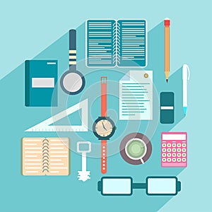 Office colored objects on a colored background with shadow collection of symbols