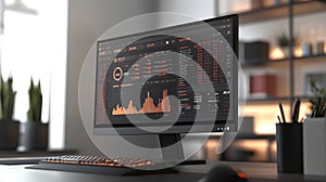 An office computer monitor displays financial data and charts.