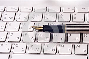 Office computer and pen. Top view with copy space. Corporate stationery branding mock-up.