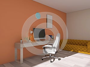 Office, computer, room interior 3d render, 3d illustration desktop