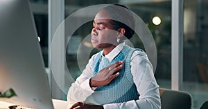 Office, computer and woman with shoulder pain in night, working and typing on keyboard for project. Copywriter, female