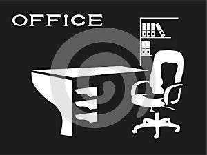 Office. Conditional picture. Vector illustration in black and white.