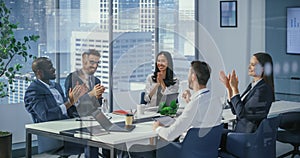 Office Conference Room Meeting: Diverse Team of Top Managers Talk, Celebrate, applaud and High-Five