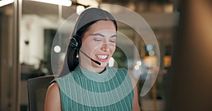 Office, consultant and smile at night for customer service, telemarketing and digital support. Headset, woman and