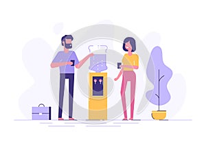 Office cooler chat. Vector flat character design on man and woman talking to each other near office water cooler