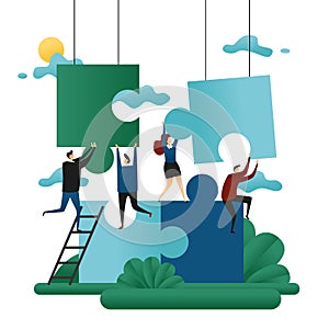 Office Cooperative Teamwork. People Build Puzzles. Problem Solution Business Concept Vector Illustration