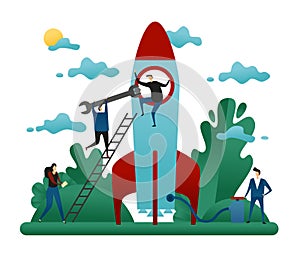 Office Cooperative Teamwork. People Build Rocket of Success. Business Startup Concept Vector Illustration