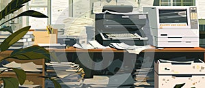 Office copier, multifunction scanner printer printing paper documents with stack of papers in cardboard boxes. Flat