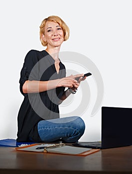 Office corporate portrait of young beautiful and happy business woman working relaxed at laptop computer desk smiling confident in