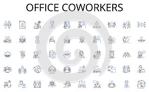 Office coworkers line icons collection. Urban, Bustling, Vibrant, Central, Iconic, Public, Pedestrianized vector and