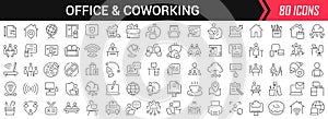 Office and coworking linear icons in black. Big UI icons collection in a flat design. Thin outline signs pack. Big set of icons