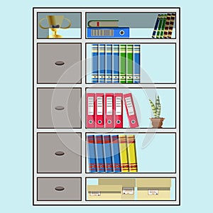 Office cupboards full of folders, books and paper boxes. Flat style illustration office interior. EPS 10 vector