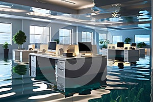 Office Deluge: Water Inundates a Modern Office - Desks and Computers Submerged, Floating Papers, Reflections on Watery Chaos