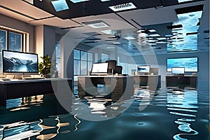Office Deluge: Water Inundates a Modern Office - Desks and Computers Submerged, Floating Papers, Reflections on Watery Chaos