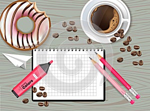 Office designer desk top view Vector realistic. Coffee, notebook, marker and donut. Detailed 3d illustration templates