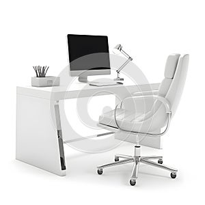 Office desk and chair on a white background.