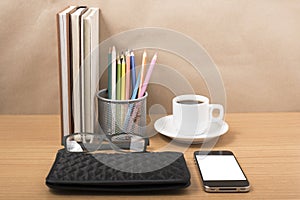 office desk : coffee with phone,stack of book,eyeglasses,wallet,color pencil box