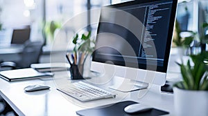 Office Desk With Computer Displaying Code. Modern Workplace With Tech, Workspace Setup For Programming Or Software Development