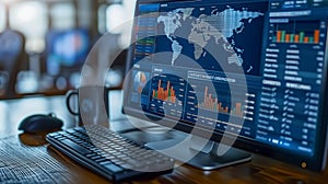 Office Desk with Computer Displaying Data Analytics