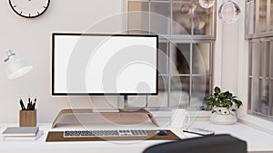 Office desk with desktop computer mockup and accessories on white table against the window