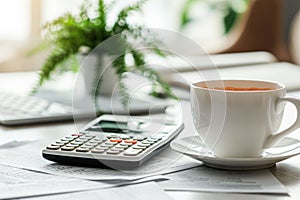 Financial stress illustrated on an office desk with bills, coffee, and a calculator in soft light photo