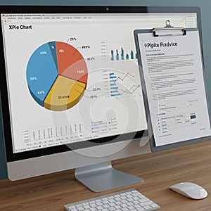 An office desk features a computer displaying a pie chart labeled 