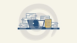 Office desk with laptop and document stacks