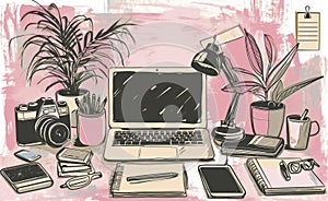 Office desk with laptop, lamp, document papers, calendar, coffee and flower. Modern business workplace. Home workspace table.