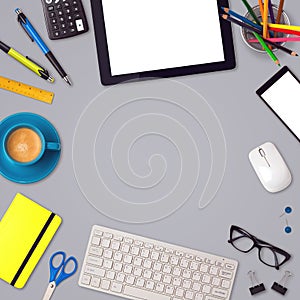 Office desk mock up template background with tablet, smartphone and office items