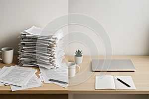 Before and after office desk organization with messy stack of papers and clean minimalist workspace with laptop. Concept of
