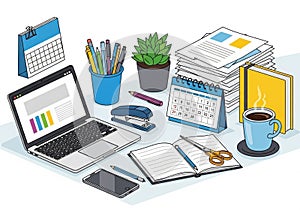 Office desk setup featuring a laptop, smartphone, open notebook