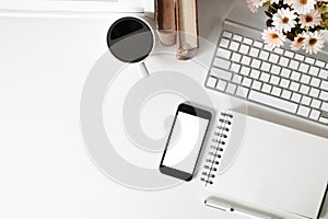 Office desk smartphone mockup, coffee, computer, book and flower