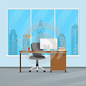 Office desk or table with chair, computer, lamp and pencil stand. Business interior design. Workplace in flat style. Vector