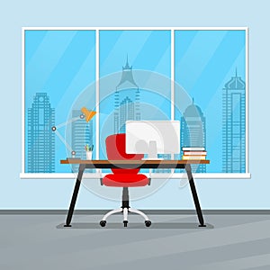 Office desk or table with chair, computer, lamp and pencil stand. Business interior design. Workplace in flat style. Vector