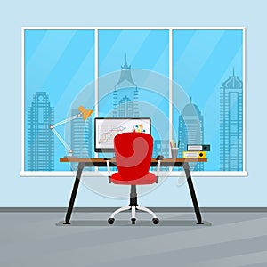 Office desk or table with chair, computer, lamp and pencil stand. Business interior design. Workplace in flat style. Vector.