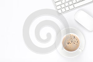 Office desk table with computer and coffee cup