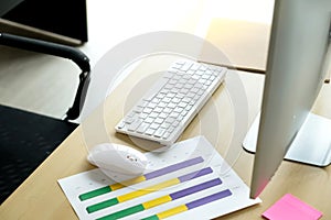 Office desk table with computer, keyboard, mouse, notebook and pink paper.