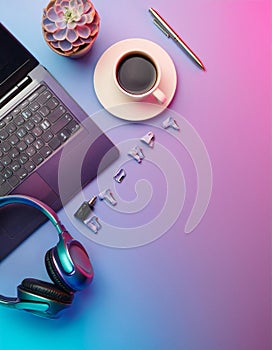 Office desk table with computer, supplies, flower and coffee cup. Top view with copy space