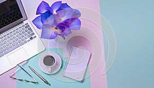 Office desk table with computer, supplies, flower and coffee cup. Top view with copy space