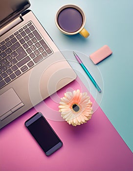 Office desk table with computer, supplies, flower and coffee cup. Top view with copy space