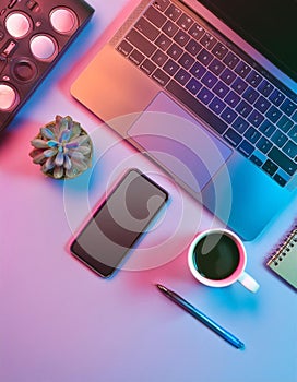 Office desk table with computer, supplies, flower and coffee cup. Top view with copy space