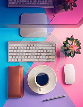 Office desk table with computer, supplies, flower and coffee cup. Top view with copy space