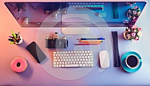 Office desk table with computer, supplies, flower and coffee cup. Top view with copy space